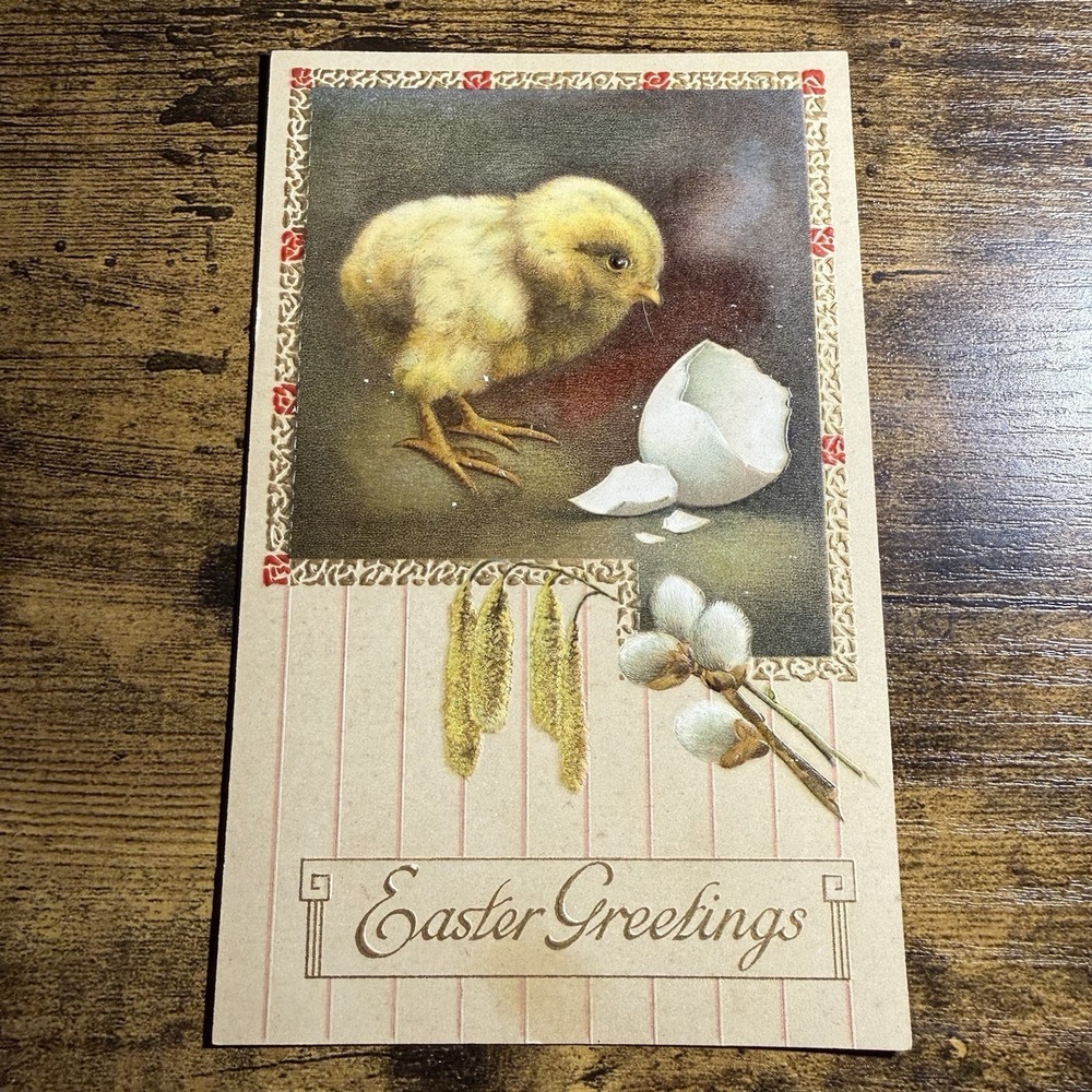 VINTAGE Easter Greetings Postcard Chick Hatching Egg‎ Embossed Germany Ephemera